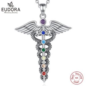 Colliers Eudora 925 Collier de caduceus en argent sterling pour hommes Femmes Double aile de serpent 7 Chakras Pendant Symbole médical Bijoux Fine Cadeau