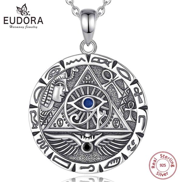 Colliers Eudora 925 Serling Silver Egypt Pyramide tous en voyant un œil malfaisant illuminati Collier Egyptien Cross Cross Amulet Pendant Man Femmes