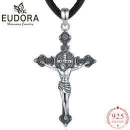 Colliers Eudora 925 Collier Jésus Sterling Jésus St. Benedict's Cross Vintage Amulet Pendant Bijoux religieux Gift pour hommes Femmes