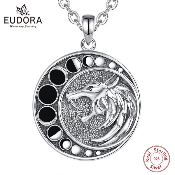 Collares Eudora 925 Sterling Silver Moon Wolf Collar para hombres Mujeres Vintage Fase de luna Amuleta Personalidad Partido Joya Regalo