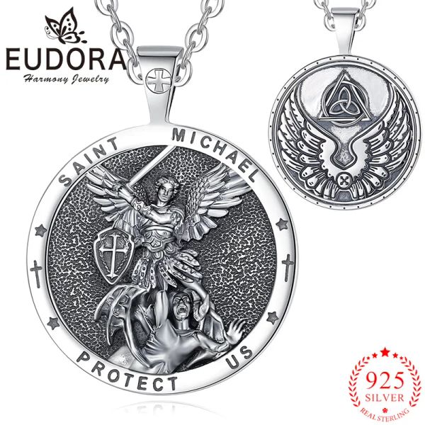 Colliers Eudora 925 Sterling Silver Saint Michael Archange Collier Vintage Cross Amulet Pendant Religié croyant bijoux pour hommes