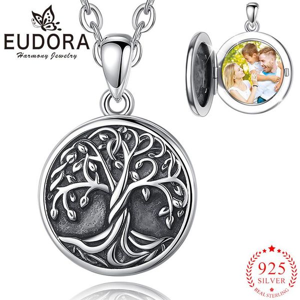 Collares Eudora 925 Plata de ley Árbol de la vida Collar Marco de fotos Caja Colgante Collar Recuerdo Joyería exquisita Regalo de las señoras