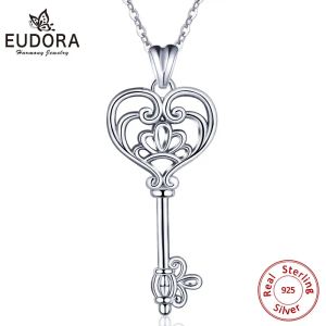 Kettingen eudora nieuwe 925 Sterling Silver Happiness Key Pendant ketting Sterling Silver Jewelry For Women Teen Anniversary Party Gift D93