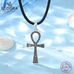 Colliers Eudora Sterling Sier antique croix égyptienne collier pour femmes homme Fine Ankh croix amulette pendentif personnalité bijoux cadeau