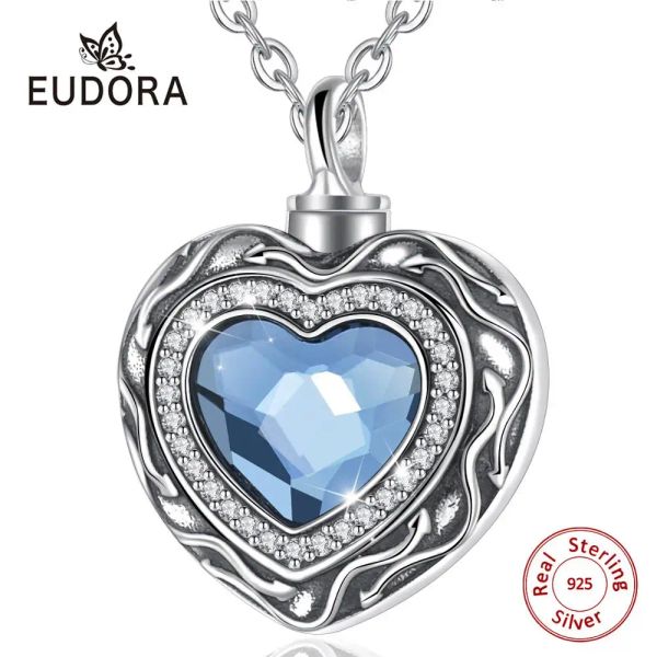 Collares Eudora Sterling Silver Heart Charlet Heart Cremation Cenizas Memorial Urna Urna Cristal Azul Bueca Collar Joyería Remoleta Cyg004