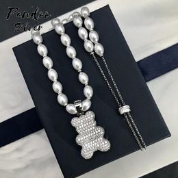 Collares de moda encanto esterling plate joyería original deliciosa xl lindo collar de oso de peluche de doble cara con perlas para mujeres regalo de lujo