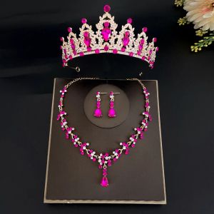 Kettingen mode kristal tiaras kronen bruid bruiloft sieraden set strass kroon ketting oorbel voor vrouwen accessoires diadeem hoofdtooi