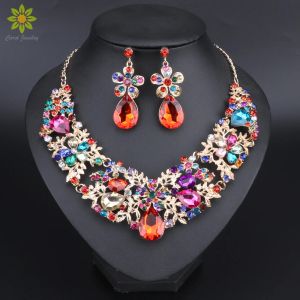 Kettingen mode multicolor bloem kristallen ketting oorbellen set bruids sieraden sets voor bruiden bruidspartij kostuum sieraden sets