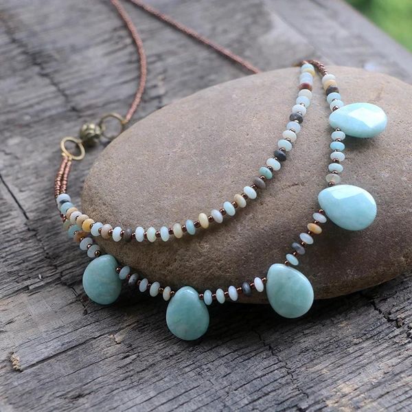 Colliers Mode Naturel Goutte D'eau Amazonite Pierre Perles Collier Pour Femmes Filles Rocailles Lotus Sautoirs Multicouches Collier