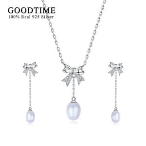 Kettingen mode puur 100% 925 sterling zilveren sieraden set zoetwater parel bowknot ketting oorbel cadeau voor bruid bruiloft