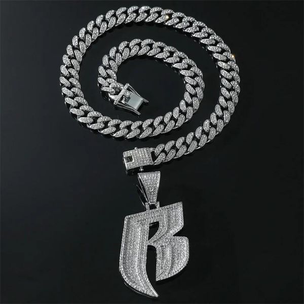 Colliers Mode Ruff Ryders Bijoux Hip Hop Collier Avec Cristal Lettre R Pendentif Avec 13mm Largeur Glacé Miami Cubain Chaîne Ras Du Cou