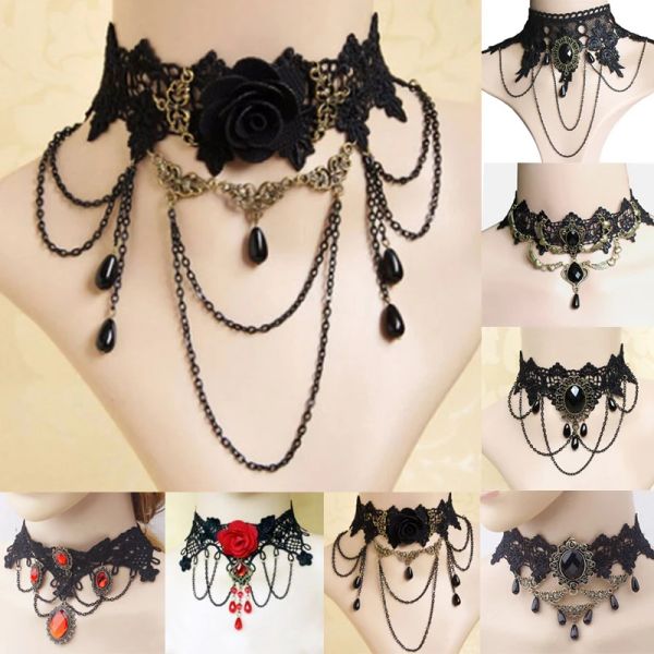 Colliers Fashion Pildel Punk Style Gothic Choker Collier Rouge Rouge Charmes Vampire Collier Maxi Collier Vintage Tattoo Lace Pendant