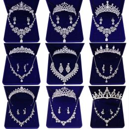 Collares de moda circón de joyas nupcias collar de corona de boda con aretes pin perlas tiara y coronas adornos para el cabello mujeres