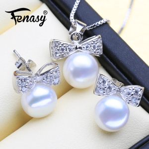 Kettingen Fenasy 925 Sterling Silver Pearl -sieraden Sets Natuurlijke parelstudoor oorbellen voor vrouwen romantische bowknot hanger ketting