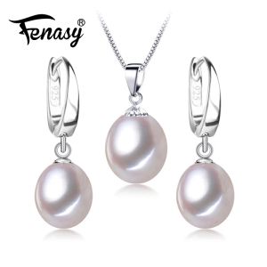 Collares Fenasy Brand 925 Juegos de joyería de plata esterlina Pendientes de perlas naturales Collar de cadena colgante clásica personalizada para mujeres