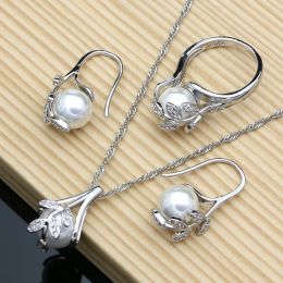 Kettingen bloem zilver 925 bruids sieraden sets bladeren parel wit zirkoon voor vrouwen bruiloft hanger drop oorbellen open ringen ketting set