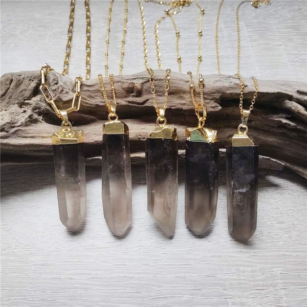 Colliers FUWO vente chaude fumé Quartz Point collier pierre de cristal brut avec chaîne en or Gifferent bijoux cadeau en gros NC408 5 PCS/Lot