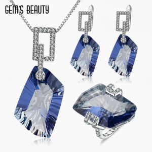 Colliers Gem's Beauty 925 Silver Ring Drop Brognon Colliers Bijoux Set Hétérohexagon Iolite Blue Mystic Quartz Women Jewelry Set