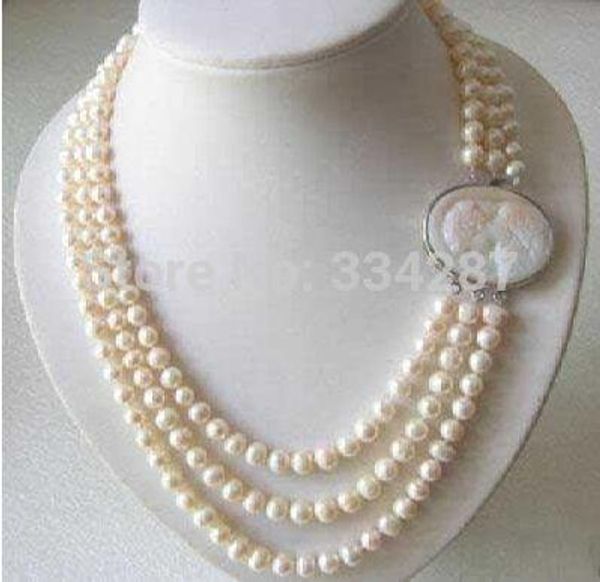 Collares Collar de perlas de agua dulce genuino de 3 filas de 78 mm con cierre de camafeo