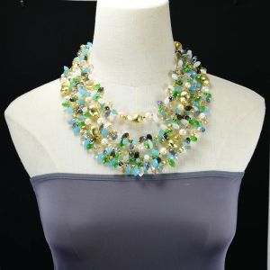 Colliers GG 4 Rows Mélangez couleur Crystal Perles brossées plaquées Gold Collier de perle blanc