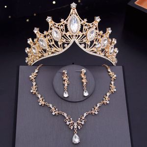 Kettingen gouden kleur bruid kroon sets en ketting oorrel trouwjurk bruids sieraden set meisjes prom verjaardag tiaras accessoires