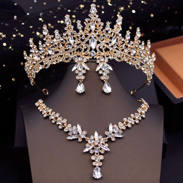 Collares de oro Crown Juegos de joyería de novia para mujeres Pendientes de collar de tiaras juego para vestidos de novia accesorio de vestuario