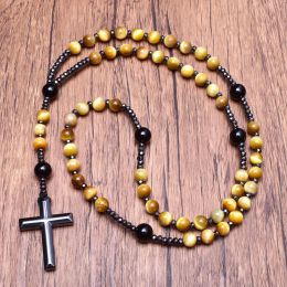 Colliers Chapelet d'onyx d'oeil de tigre doré avec croix d'hématite sautoir pour homme catholique religieux pierre naturelle chapelet bijoux