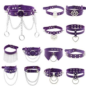 Colliers Goth Long Spike Choker Punk Faux Collar en cuir pour femmes hommes Cool Purple Rivets Collier Goth Collier Goth