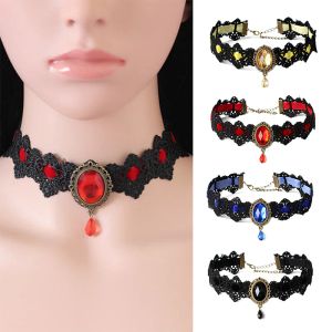 Colliers Gothic Bohemia Lace Tattoo Choker Collier Femmes Vintage Black Blue Bleu Crystal Colliers