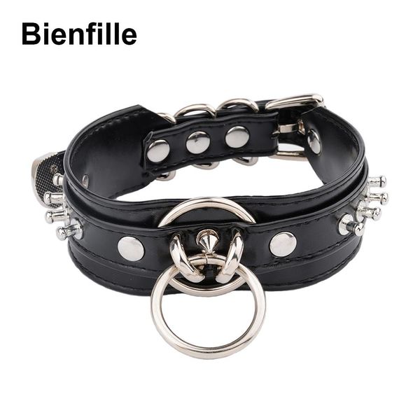 Collares Gótico Hecho a mano Punk Fetiche Gargantilla en capas de cuero sintético Picos de metal dorado Collar con púas DDLG Collar redondo doble O BDSM