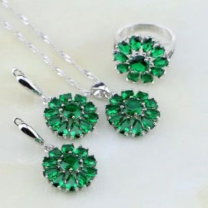 Collares Green Emerlad White Australian Crystal 925 Sets de joyería de plata esterlina para mujeres Pendientes de boda/colgante/collar/anillo