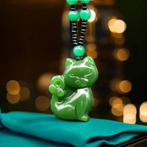 Colliers Vert Jade Chat Pendentif Collier Charme Bijoux Chinois Jadéite Amulette Femmes Sculpté Mode Naturel Main Cadeaux pour Hommes