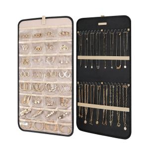 Organizador de joyas para colgar collares, caja enrollable de joyería de viaje para armario, puertas de pared, sostiene collares, pendientes, anillos, almacenamiento de broches