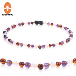 Kettingen HAOHUPO natuurlijke amber ketting voor baby kinderen Rozenkwarts Amethist sieraden Cherry Baltische Amber edelsteen kind formaat baby ketting