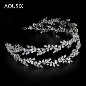 Kettingen Hoofdbanden Dubbellaags Bladeren Zirkonia Tiara Sier Kleur Hoofdband Royal Bridal Wedding Dressing Kroon Accessoire Sieraden