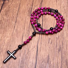 Colliers Hématite Croix Pendentif Collier Rose Rouge Oeil de Tigre Onyx Catholique Christ Rosaire Collier Pierre Naturelle Prière Perle Vintage Bijoux