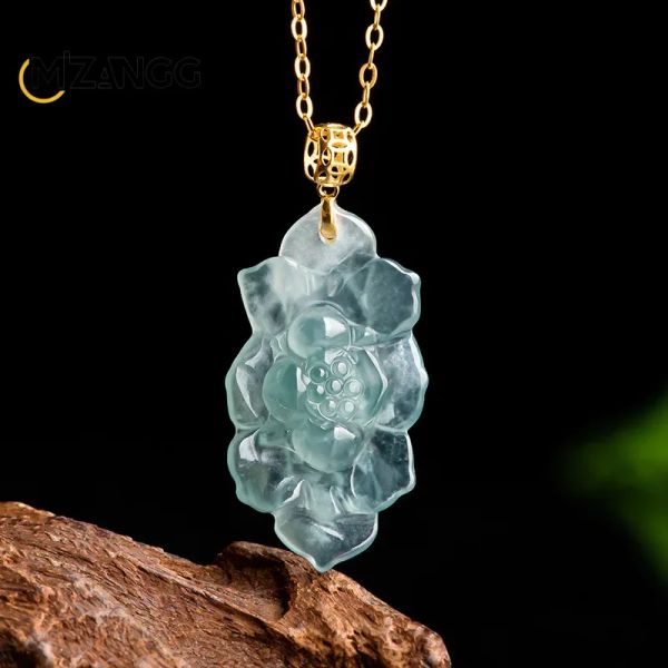 Colliers de haute qualité Natural Myanmar Jadeite Blue Water Lotus Flowers Pendant 18K Gold Intelaid Ice Collier Dames Luxury Jewelry Mascot