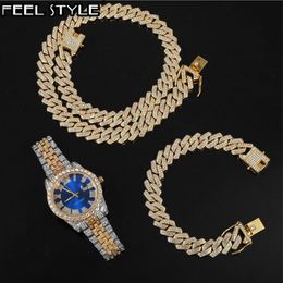 Colliers Hip Hop 3 pièces KIT montre lourde + collier cubain à broches + Bracelet 13.5MM Bling cristal AAA + chaînes de strass glacés pour hommes bijoux