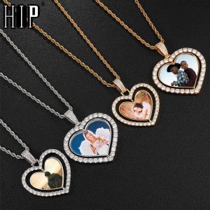 Kettingen hip hop op maat gemaakte foto hart roterende dubbelzijdig Iced Out bling kubieke zirkoon ketting hanger voor mannen sieraden groot klein