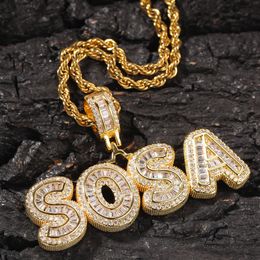 Colliers Hip Hop nom personnalisé Baguette lettre collier avec chaîne de corde gratuite or Sier Bling zircone hommes pendentif bijoux