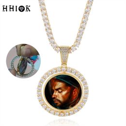 Collares Hip Hop Doble Lado Redondo Giratorio Memoria Foto Collar Colgante Personalizado Girar Redondo Imagen Zircon Iced Out Bling Collar