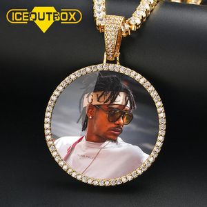 Kettingen Hot Aangepaste Foto Groot Formaat Ronde Hanger Ketting Persoonlijkheid Heren Kubieke Zirkonia Hip Hop Sieraden 4mm Tennisketting Goud Zilver Cadeau