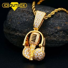 Collares Collar de colgante de auriculares Micrófono Iceoutbox Hecho AAA+ Cubic Zircon Men Hip Hop Jewelry Fit con cadena de tenis de 4 mm