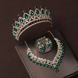 Collares itacazzo Bridal Headwear Corona Pendientes de collar de cuatro piezas de tiaras de fiesta exquisitas para mujeres de color verde