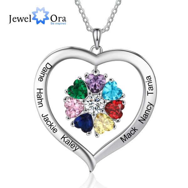 Colliers Jewelora Collier de coeur personnalisé avec 18 noms Gravure Custom pierre de naissance bijoux Bijoux d'anniversaire pour mère grand-mère