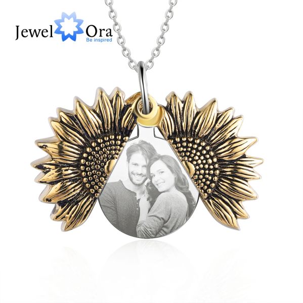 Collares Jewelora Personalizado Foto de girasol Collar Nombre personalizado Pendientes de relicario grabado para mujeres Anniversary Anniversary