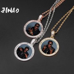 Collares JINAO, nuevo collar personalizado con medallones de corazón y foto de Baguett Ice out, colgante con cadena de tenis de 4mm, joyería de Hip hop con circonita cúbica AAA