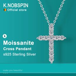 Kettingen Knobspin Volledige Moissanite Cross Pendant Necklace Origineel 925 Sterling Sliver Chain Geplated 18K Wit goud Fijne ketting voor vrouwen