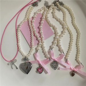 Colliers kpop y2k esthétique lolita rose coeur bowknot pendentif perle perle