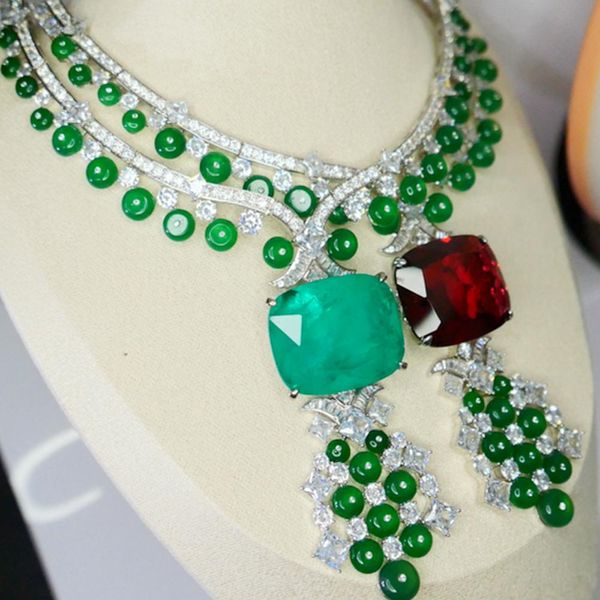 Colliers KQdance Luxury 33 * 28 mm Lab Green Emerald Pearl Red Ruby Paraiba Tourmaline Diamond Choker Collier Boucles d'oreilles en pierre Ensemble de bijoux
